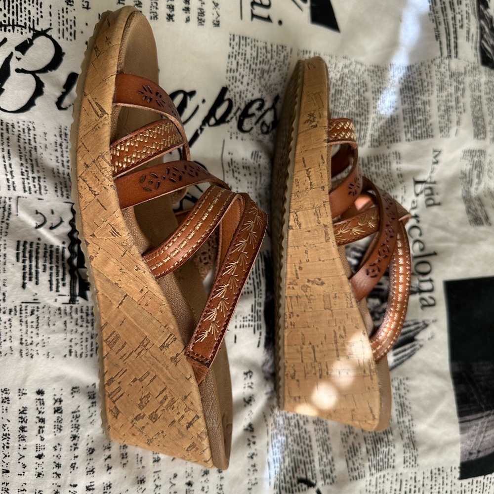 Skechers Brown Wedge Sandals with Multiple Crisscross Straps